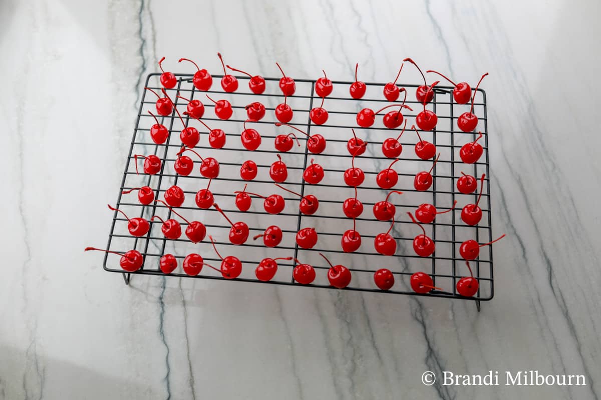 Drying cherries on rack for Chocolate covered Cherries