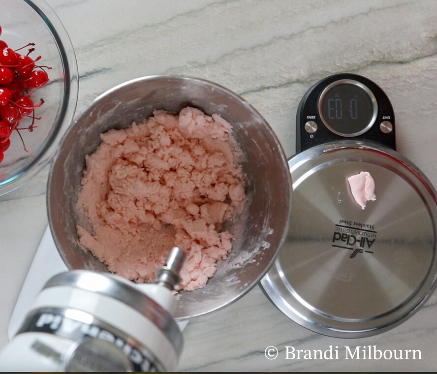 weighing fondant for Chocolate Covered Cherries