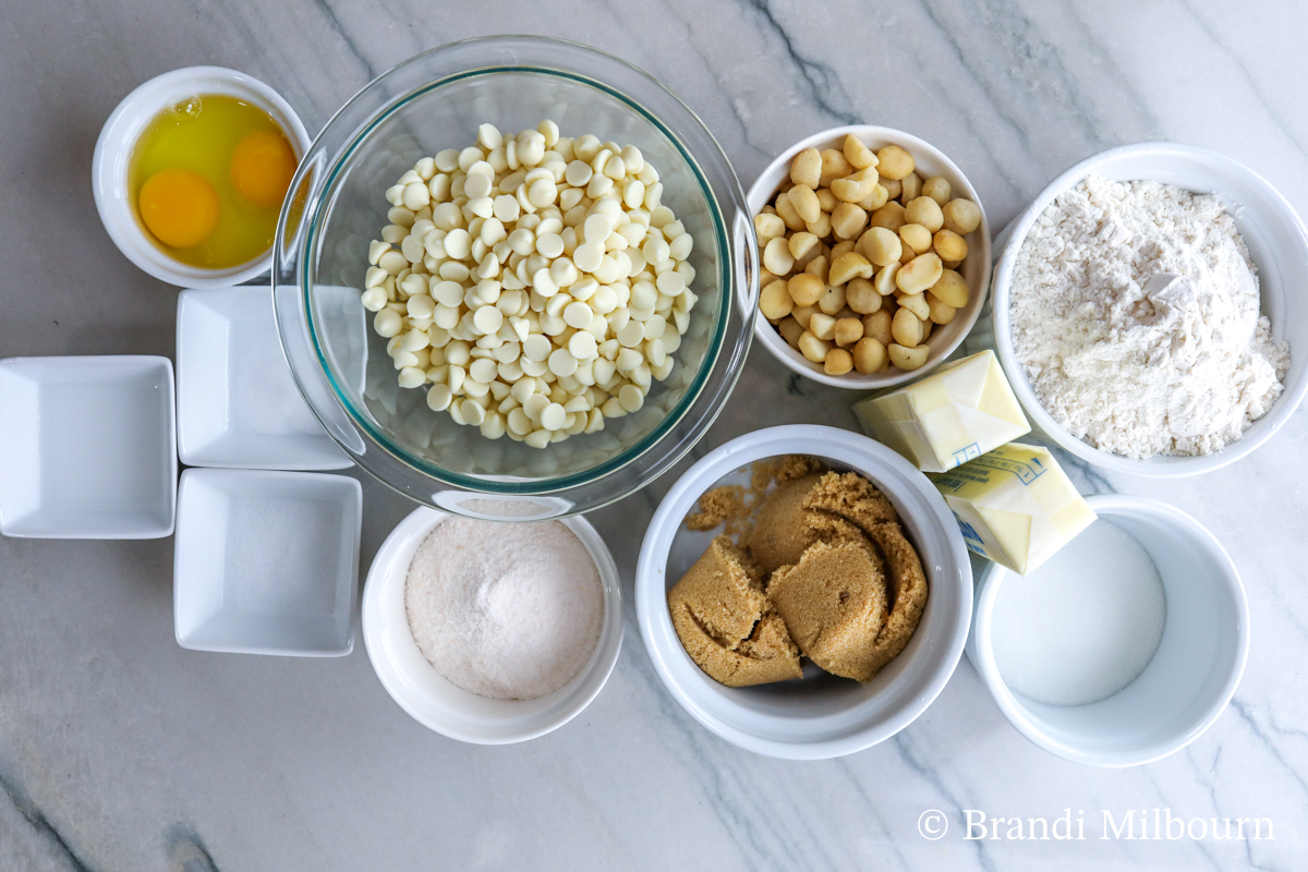 ingredients for White Chocolate Macadamia Nut Cookies 