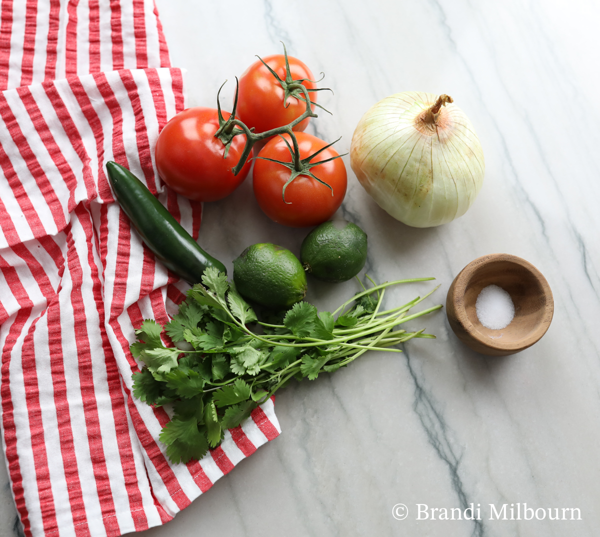 Pico de gallo ingredients such as tomatoes, jalapeño, lime juice, cilantro, onion, salt and optional minced garlic.