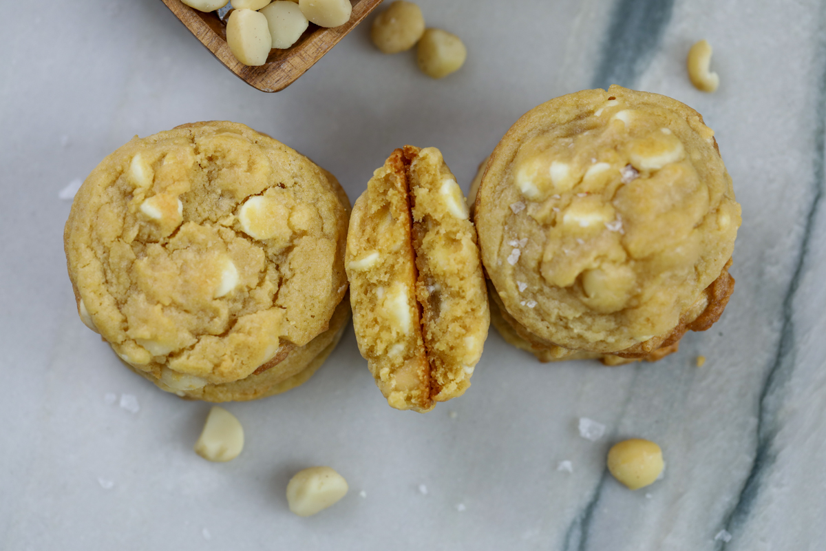 stacked white chocolate macadamia nut cookies 