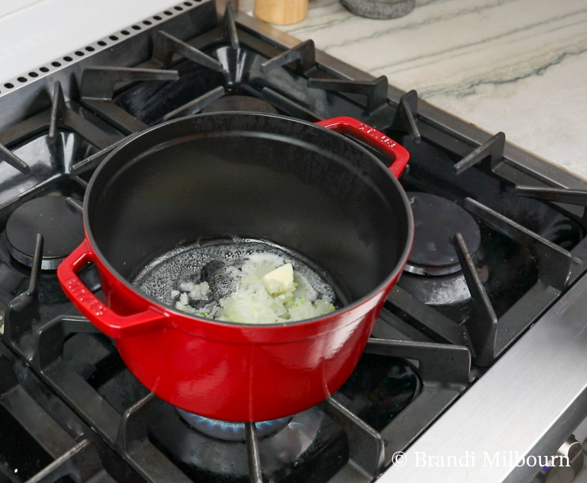 Broccoli Cheese Soup melting butter and cooking onions