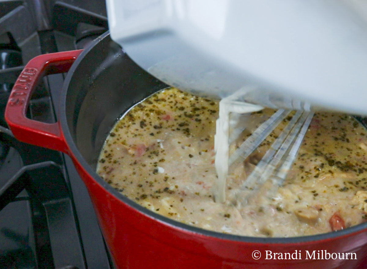 Microwave cream cheese for one minute, stir in sour cream and one cup of broth from stock pot for white chicken chili recipe