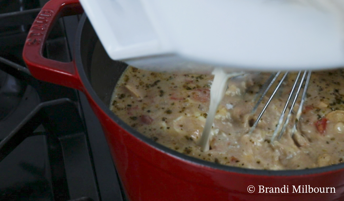 Microwave cream cheese for one minute, stir in sour cream and one cup of broth from stock pot for white chicken chili recipe. Recipe for white chicken chili