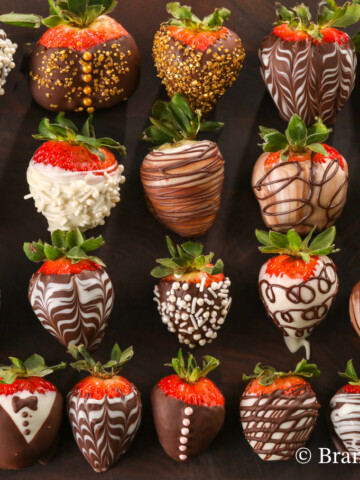 Variety of chocolate covered strawberries with all designs